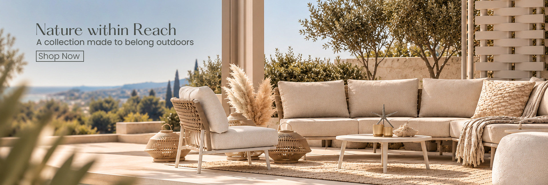 Nature Within Reach outdoor banner with rattan sofa and textured cushions