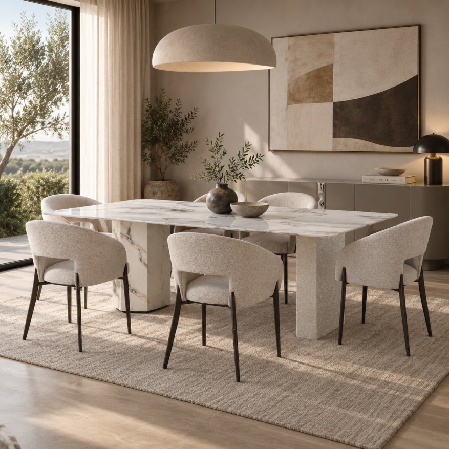 Oval marble dining table with sculptural wood base beneath a gold leaf wall sculpture