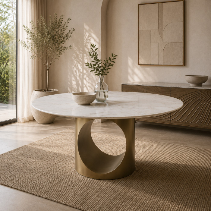 Oval marble dining table with sculptural wood base beneath a gold leaf wall sculpture