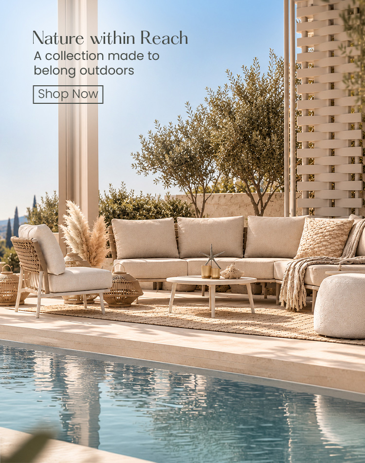 Nature Within Reach outdoor banner with rattan sofa and textured cushions