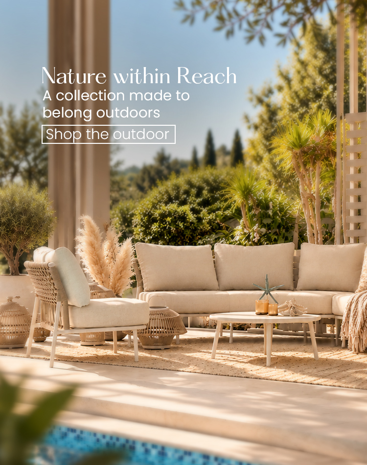 Nature Within Reach outdoor banner with rattan sofa and textured cushions
